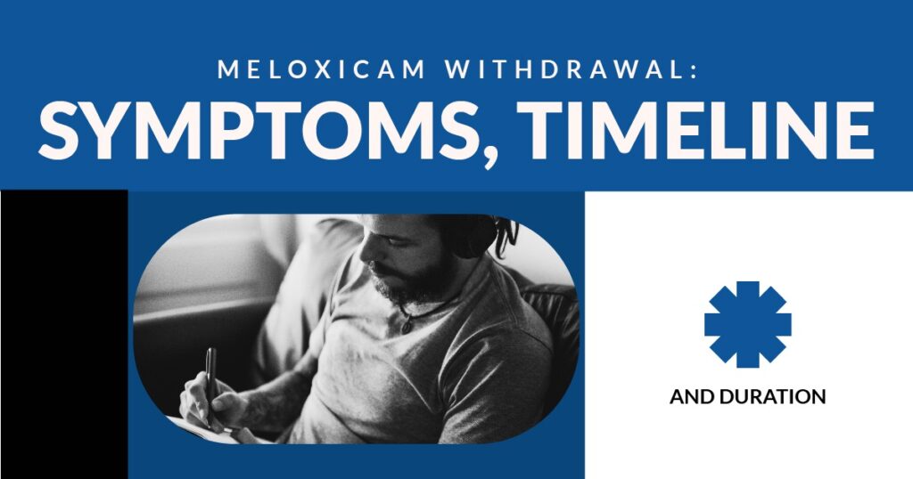 Meloxicam withdrawal symptoms timeline graphic showing a man writing notes and text about symptoms and duration