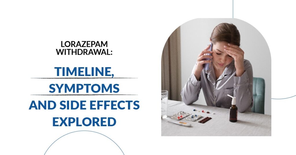 Woman experiencing lorazepam withdrawal sitting at a table with medication and nasal spray looking stressed and on the phone
