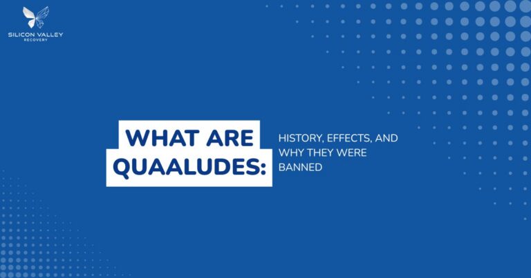 What are Quaaludes infographic showing history effects and why Quaaludes were banned with Silicon Valley Recovery branding on blue background
