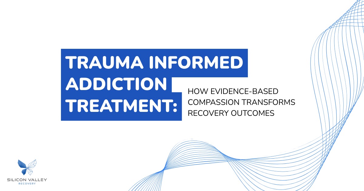 Graphic titled "Trauma Informed Addiction Treatment: How Evidence-Based Compassion Transforms Recovery Outcomes" featuring a blue butterfly logo and abstract wavy lines.
