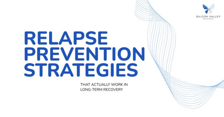 Graphic with the text Relapse Prevention Strategies That Actually Work in Long Term Recovery featuring a blue butterfly logo and flowing blue line art