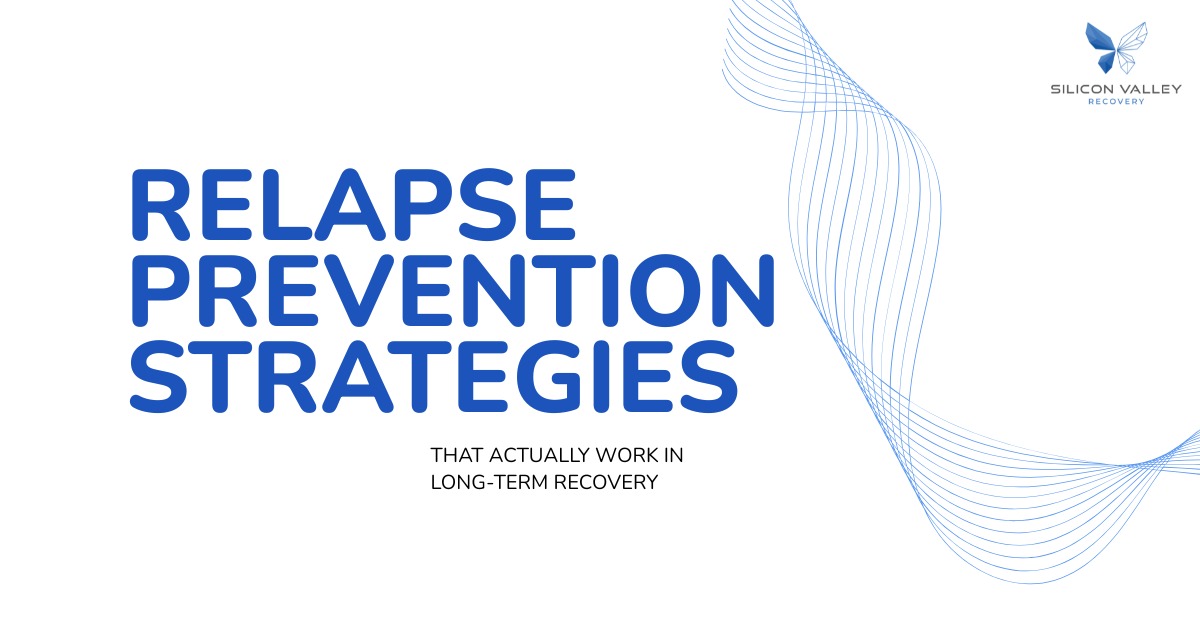 Graphic with the text "Relapse Prevention Strategies That Actually Work in Long-Term Recovery" featuring a blue butterfly logo and flowing blue line art.