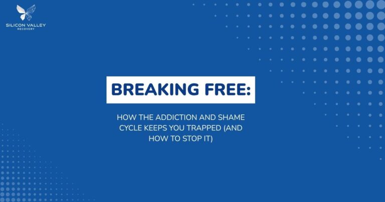 Slide blue background with Silicon Valley Recovery logo title BREAKING FREE in white box and subtitle about addiction and shame cycle