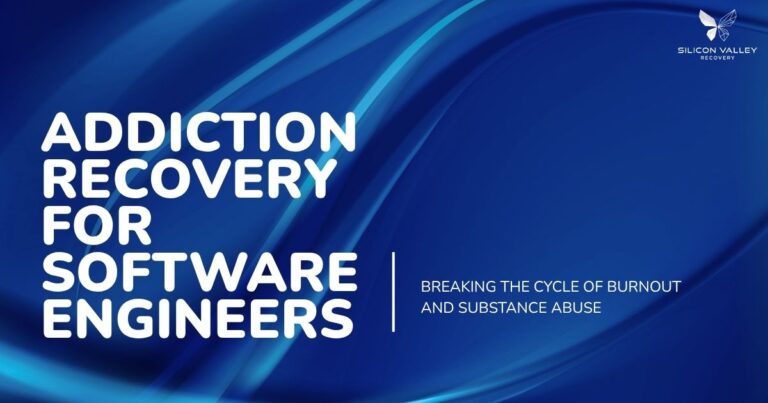 Blue abstract banner Addiction Recovery for Software Engineers with subtitle about burnout and substance abuse Silicon Valley Recovery logo in top right