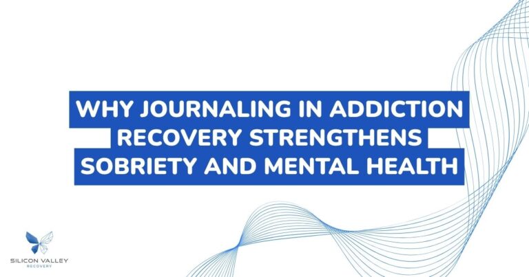 Title slide Why journaling in addiction recovery strengthens sobriety and mental health in bold white text on blue bars with abstract blue curves and Silicon Valley Recovery logo bottom left