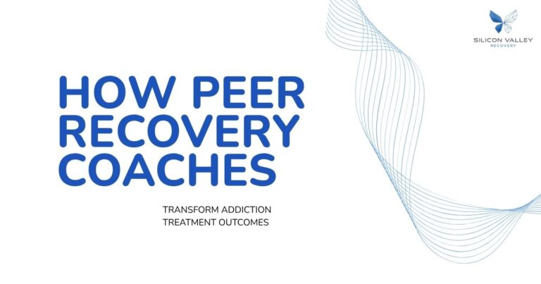 Title slide How Peer Recovery Coaches with subtitle Transform Addiction Treatment Outcomes and a Silicon Valley Recovery logo on the right with blue wave lines on white background