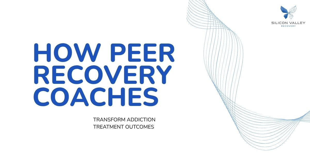 Title slide: 'How Peer Recovery Coaches' with subtitle 'Transform Addiction Treatment Outcomes' and a Silicon Valley Recovery logo on the right with blue wave lines on white background