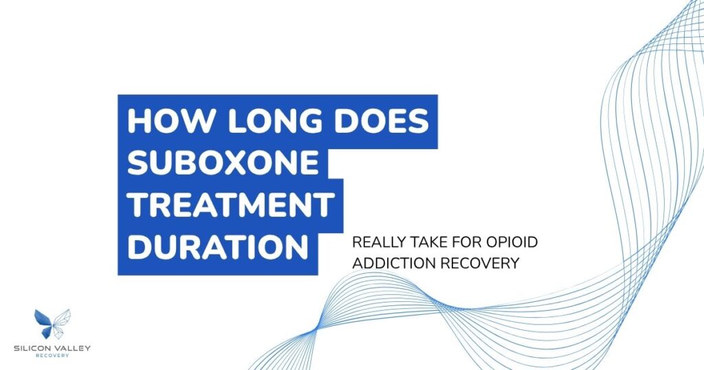 Poster style graphic asking How long does Suboxone treatment duration with blue block text and wave design Silicon Valley Recovery logo bottom left