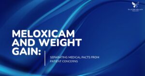 Blue abstract presentation slide announcing Meloxicam and Weight Gain Separating Medical Facts from Patient Concerns with Silicon Valley Recovery logo