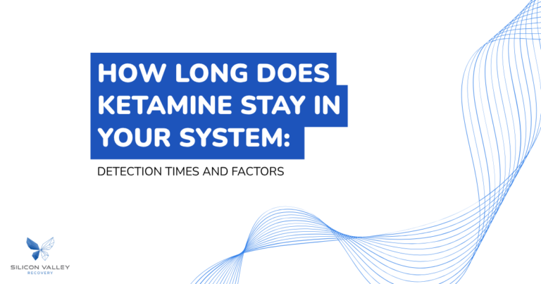 Blue banner with the headline How long does ketamine stay in your system Detection times and factors decorative blue waves Silicon Valley Recovery logo