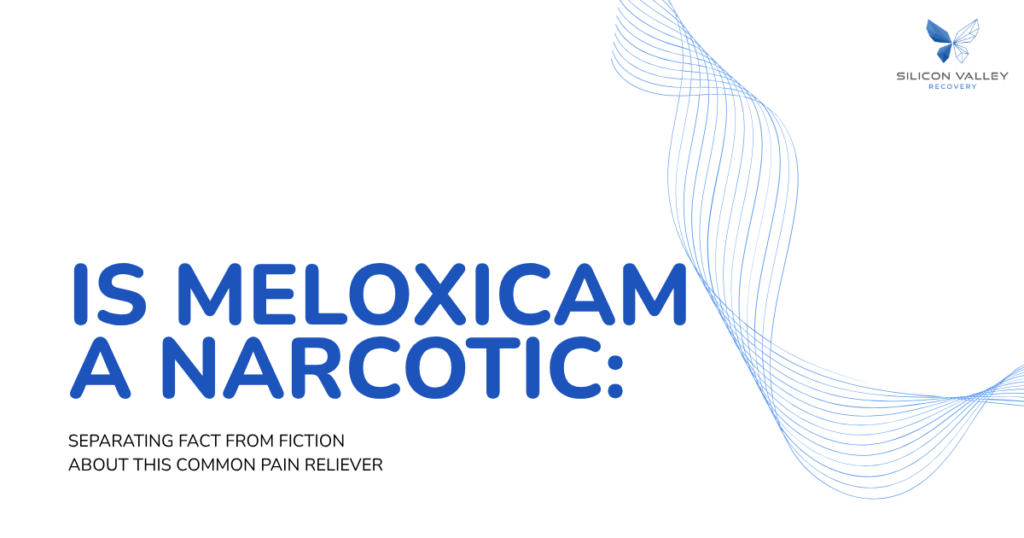 Hero banner title asks if meloxicam is a narcotic with subtitle about fact vs fiction on this pain reliever Silicon Valley Recovery logo in top right