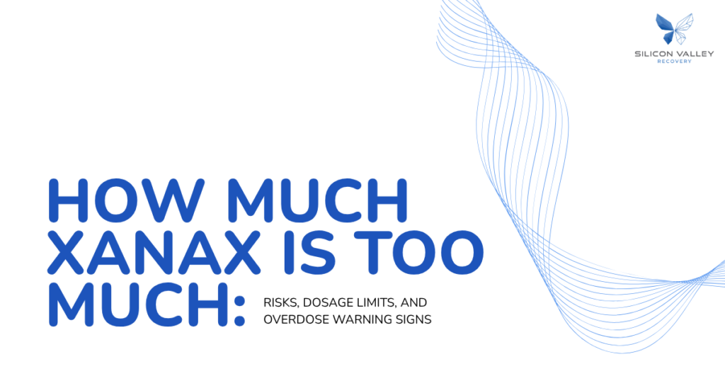 Bold blue title reads HOW MUCH XANAX IS TOO MUCH with subtitle RISKS DOSAGE LIMITS AND OVERDOSE WARNING SIGNS blue wave motif on the right and Silicon Valley Recovery logo in the top right corner