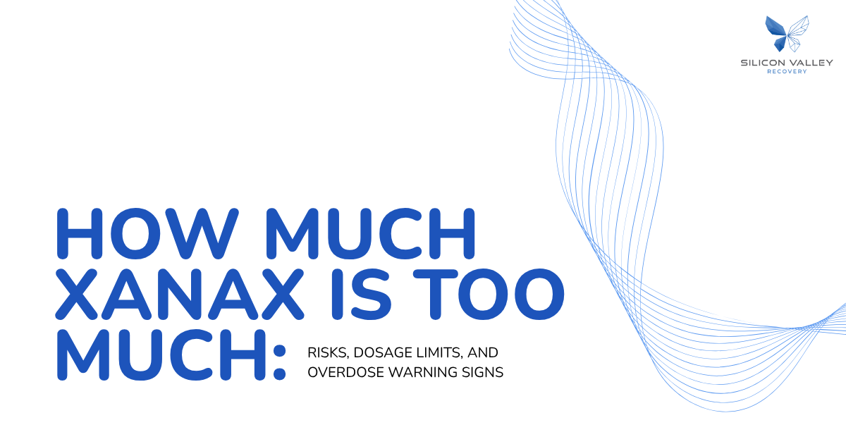 Bold blue title reads 'HOW MUCH XANAX IS TOO MUCH:' with subtitle 'RISKS, DOSAGE LIMITS, AND OVERDOSE WARNING SIGNS'; blue wave motif on the right and Silicon Valley Recovery logo in the top-right corner.