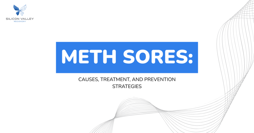 Slide title METH SORES subtitle Causes Treatment and Prevention Strategies with Silicon Valley Recovery branding and decorative gray wave design