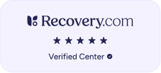 Recoverycom logo with five blue stars rating and the text Verified Center with an info icon