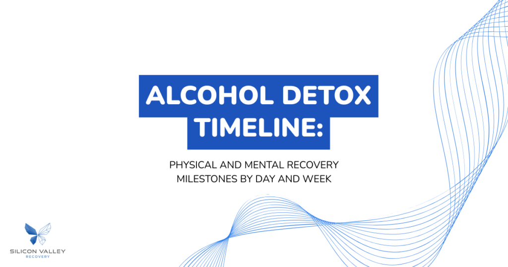 Cover slide Alcohol Detox Timeline title with blue stacked blocks and abstract blue lines subtitle reads Physical and mental recovery milestones by day and week with Silicon Valley Recovery logo in the corner
