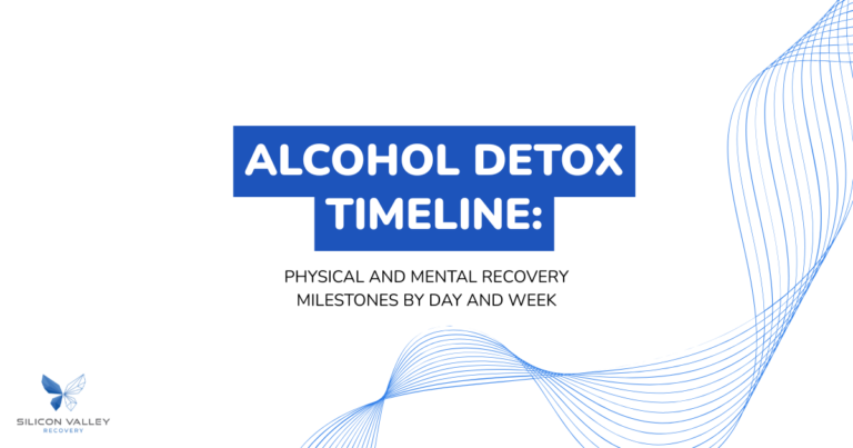 Cover slide Alcohol Detox Timeline title with blue stacked blocks and abstract blue lines subtitle reads Physical and mental recovery milestones by day and week with Silicon Valley Recovery logo in the corner