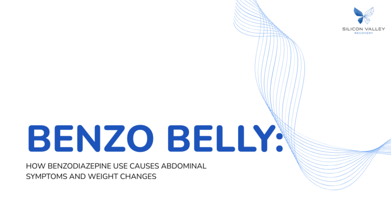 Slide cover BENZO BELLY title with subtitle about how benzodiazepine use causes abdominal symptoms and weight changes blue wave graphic and Silicon Valley Recovery logo in the corner