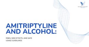 Title slide Amitriptyline and Alcohol  Risks Side Effects and Safe Usage Guidelines with a blue wave design and logo
