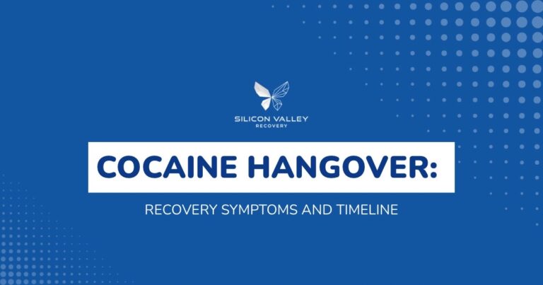 Blue slide titled COCAINE HANGOVER RECOVERY SYMPTOMS AND TIMELINE with Silicon Valley Recovery logo
