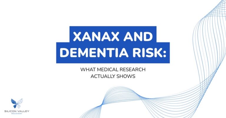 Title slide XANAX AND DEMENTIA RISK WHAT MEDICAL RESEARCH ACTUALLY SHOWS with a blue block background and abstract blue lines Silicon Valley Recovery logo bottom left