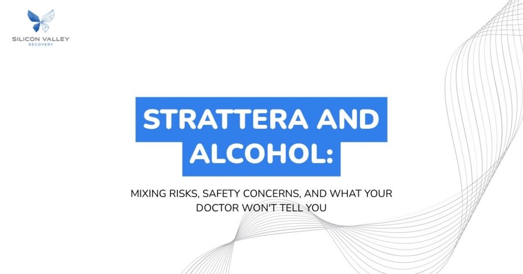 Slide title Strattera and Alcohol with subtitle about mixing risks and safety logos on top left and abstract line design on the right