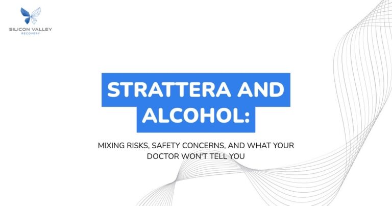 Slide title Strattera and Alcohol with subtitle about mixing risks and safety logos on top left and abstract line design on the right