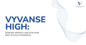 Title slide VYVANSE HIGH with subtitle Duration intensity and what your body actually experiences featuring blue wave design and Silicon Valley Recovery logo
