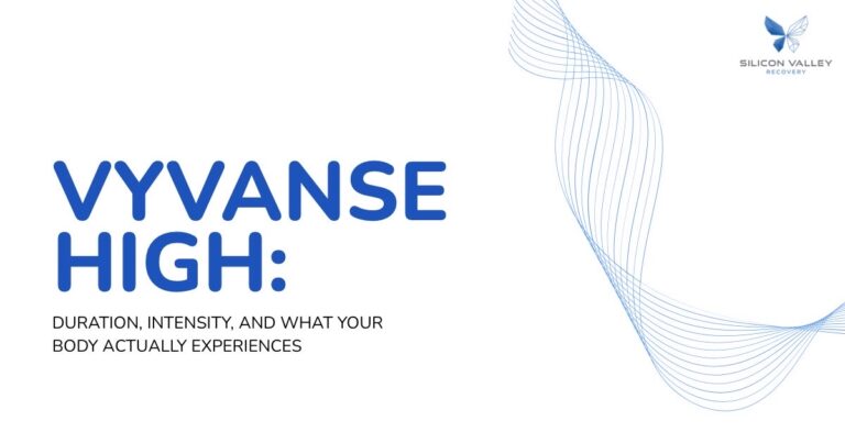 Title slide VYVANSE HIGH with subtitle Duration intensity and what your body actually experiences featuring blue wave design and Silicon Valley Recovery logo