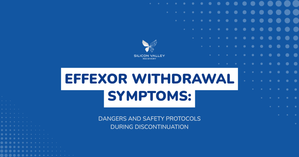 Blue presentation slide with the title Effexor Withdrawal Symptoms Dangers and Safety Protocols During Discontinuation and a small butterfly logo above